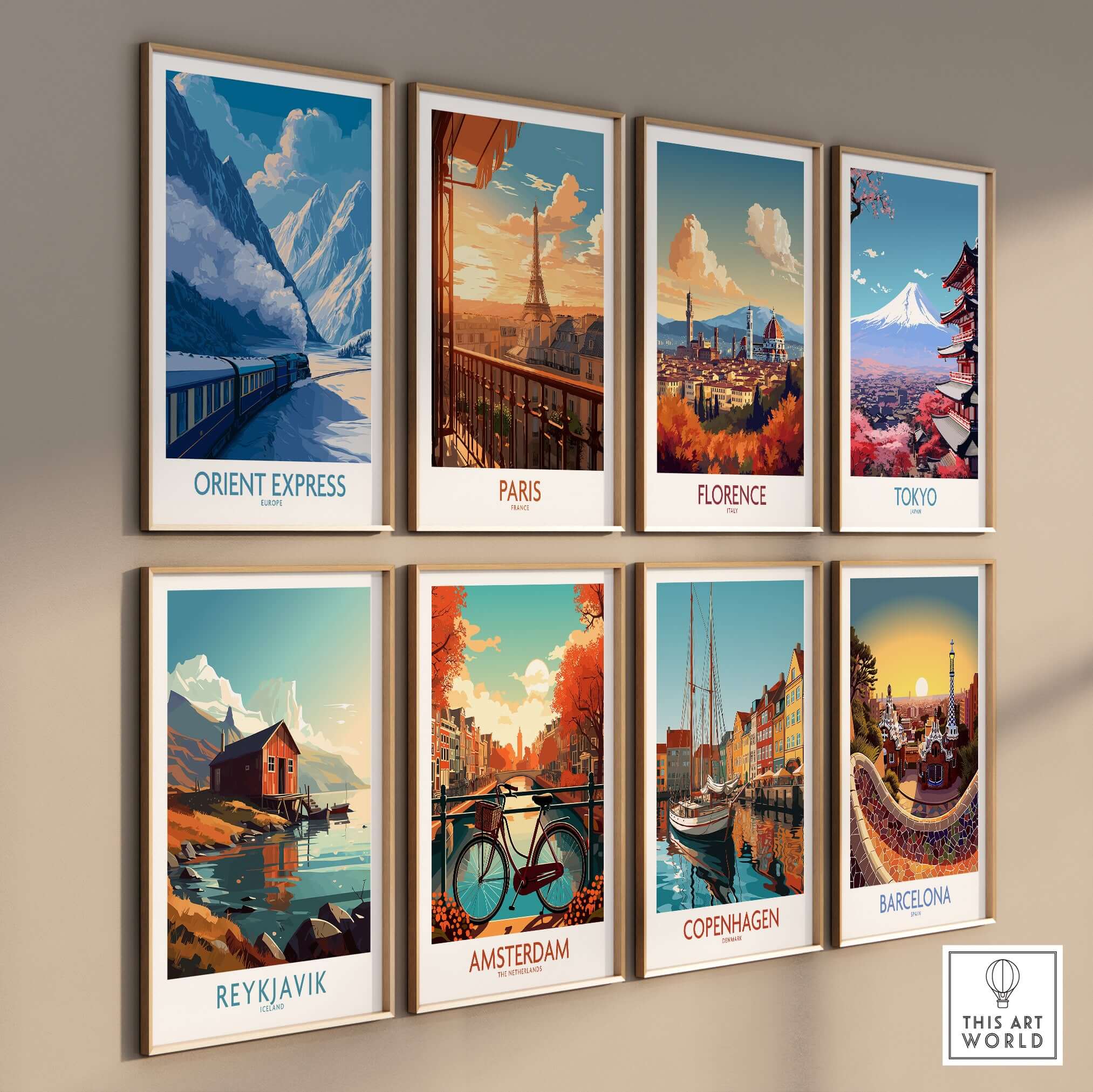 Orient Express Train Print | Snowy Alps Journey Poster among various travel-themed art prints on a wall.