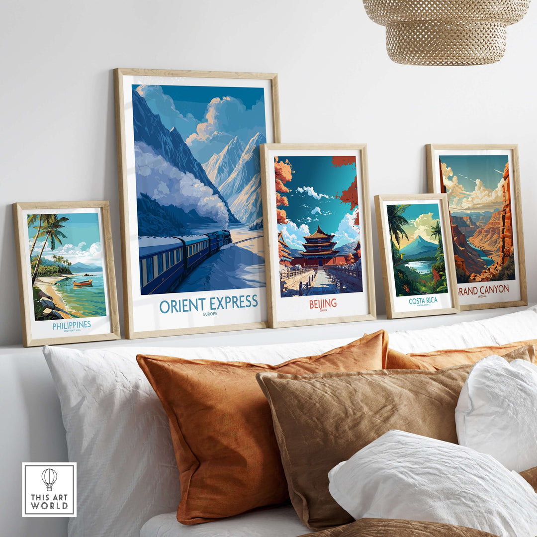 Orient Express Train Print | Snowy Alps Journey Poster displayed with travel-themed art prints.