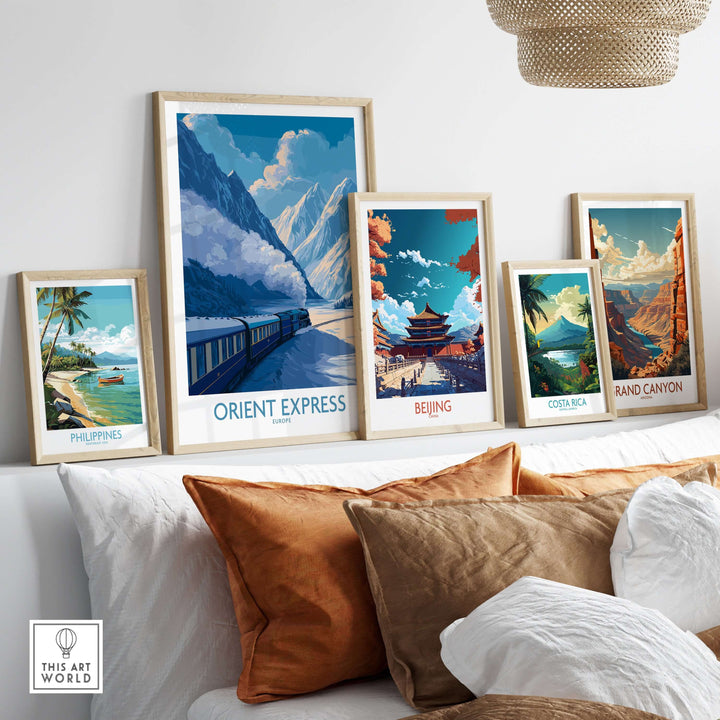 Orient Express Train Print | Snowy Alps Journey Poster displayed with travel-themed art prints.