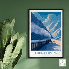 Orient Express Train Print | Snowy Alps Journey Poster featuring a train in stunning snowy mountain scenery.
