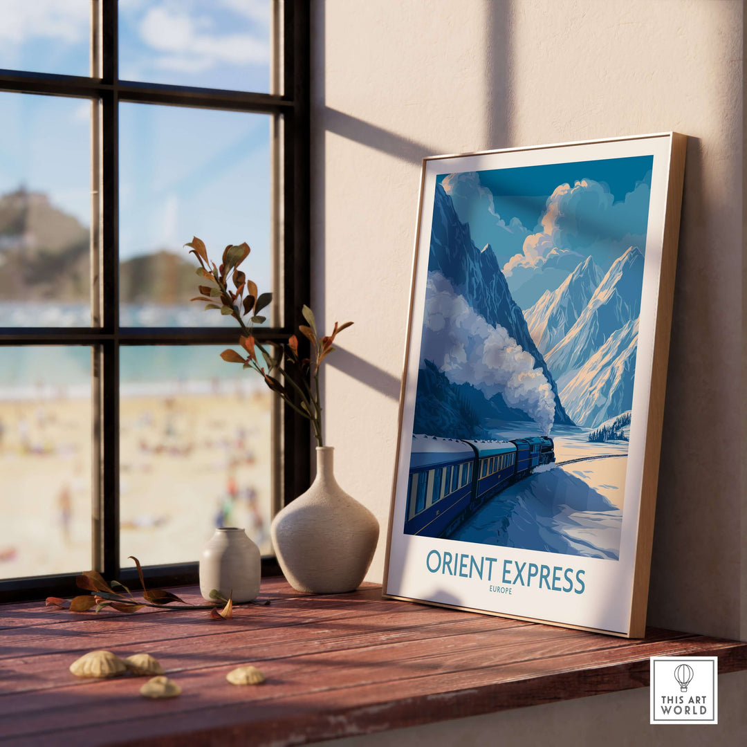 Orient Express Train Print | Snowy Alps Journey Poster featured in a stylish interior setting with majestic mountain views.
