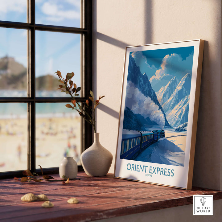 Orient Express Train Print | Snowy Alps Journey Poster featured in a stylish interior setting with majestic mountain views.
