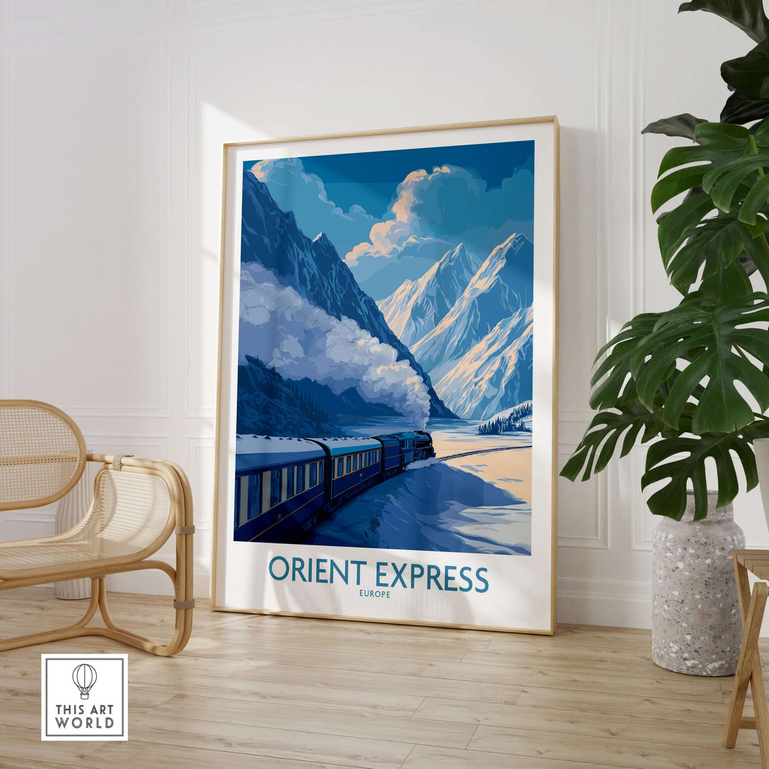 Orient Express Train Print | Snowy Alps Journey Poster featuring a train in stunning alpine scenery.