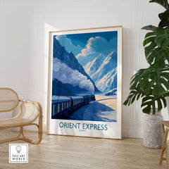 Orient Express Train Print | Snowy Alps Journey Poster showcasing the iconic train in stunning alpine scenery.