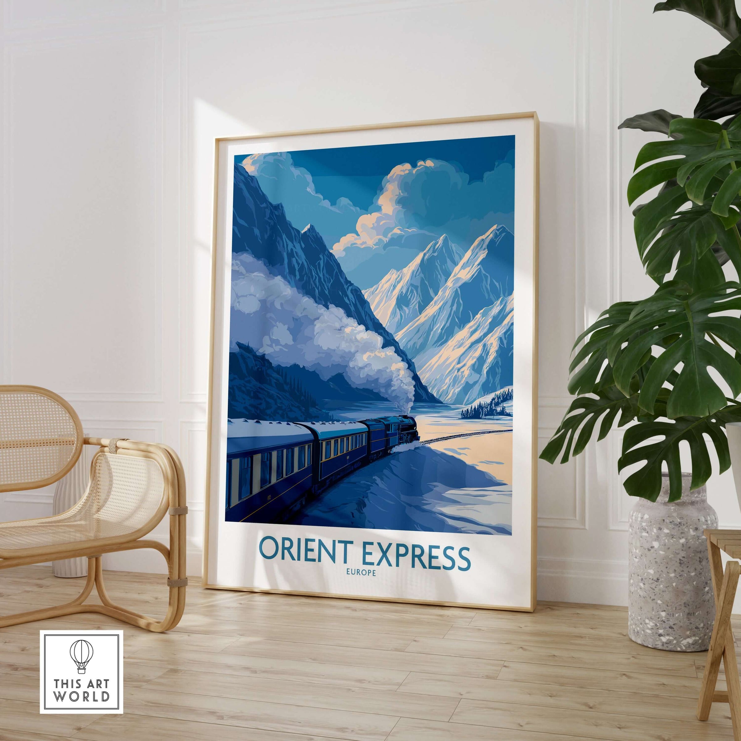 Orient Express Train Print | Snowy Alps Journey Poster showcasing the iconic train in stunning alpine scenery.