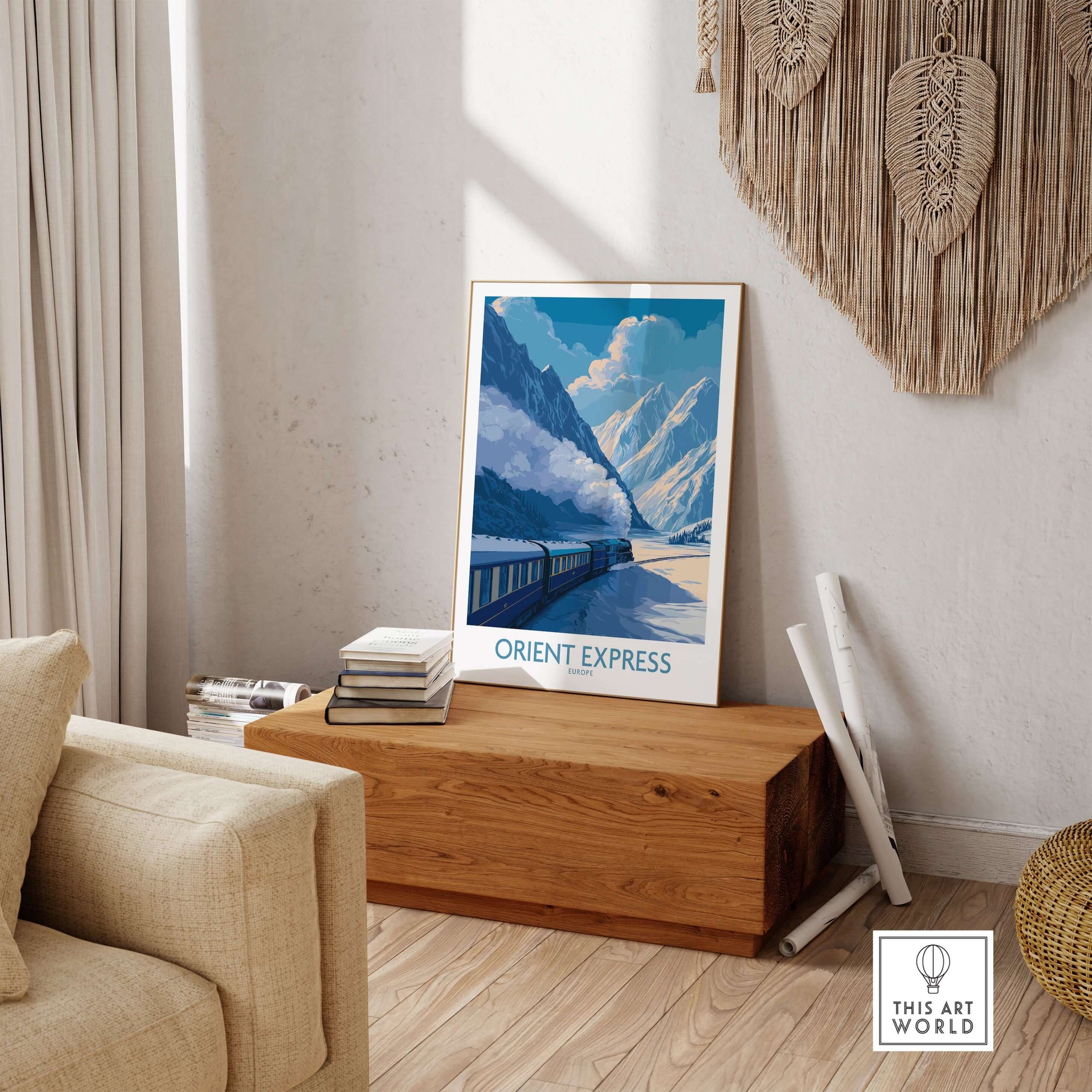 Orient Express Train Print | Snowy Alps Journey Poster displayed in a cozy living room with alpine scenery.
