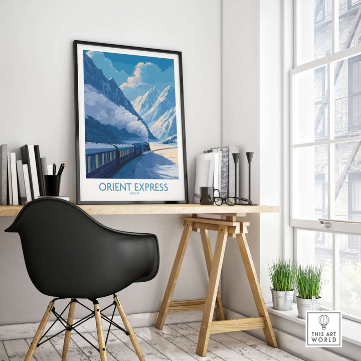 Orient Express Train Print | Snowy Alps Journey Poster displayed in a modern home office with elegant decor.
