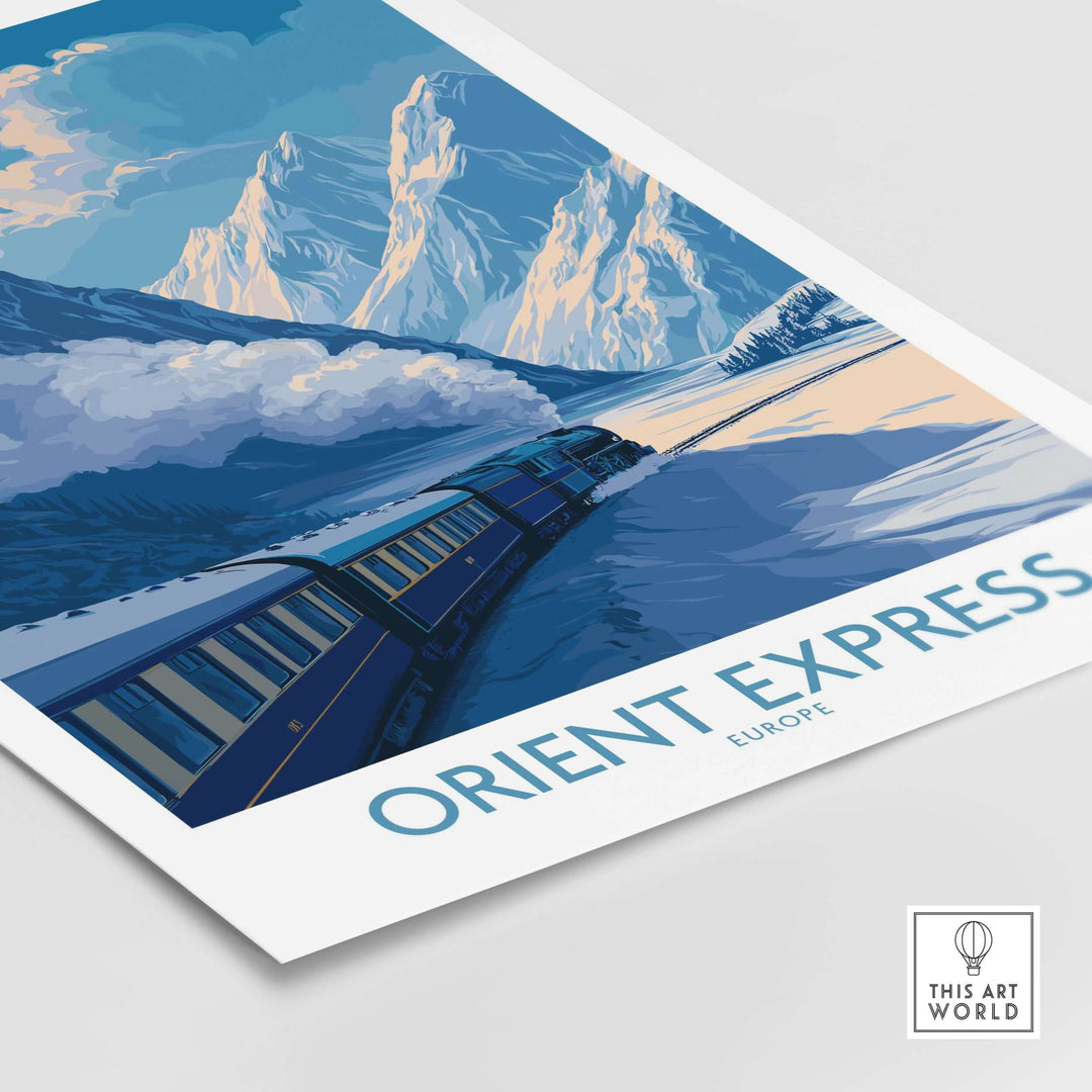 Orient Express Train Print | Snowy Alps Journey Poster featuring the iconic train amidst snowy alpine landscapes.