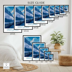 Orient Express Train Print | Snowy Alps Journey Poster size guide showcasing various dimensions.