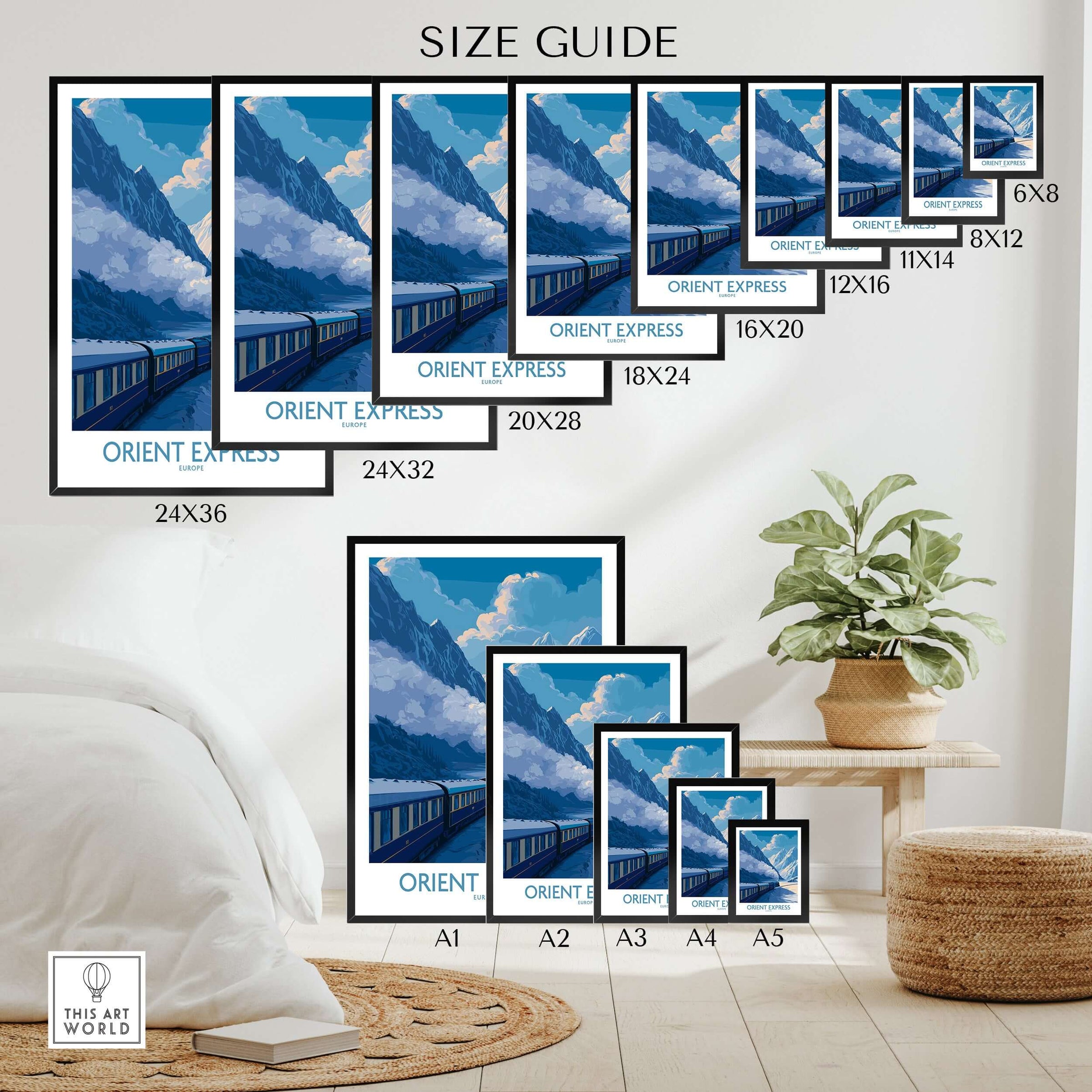 Orient Express Train Print | Snowy Alps Journey Poster size guide showcasing various dimensions.
