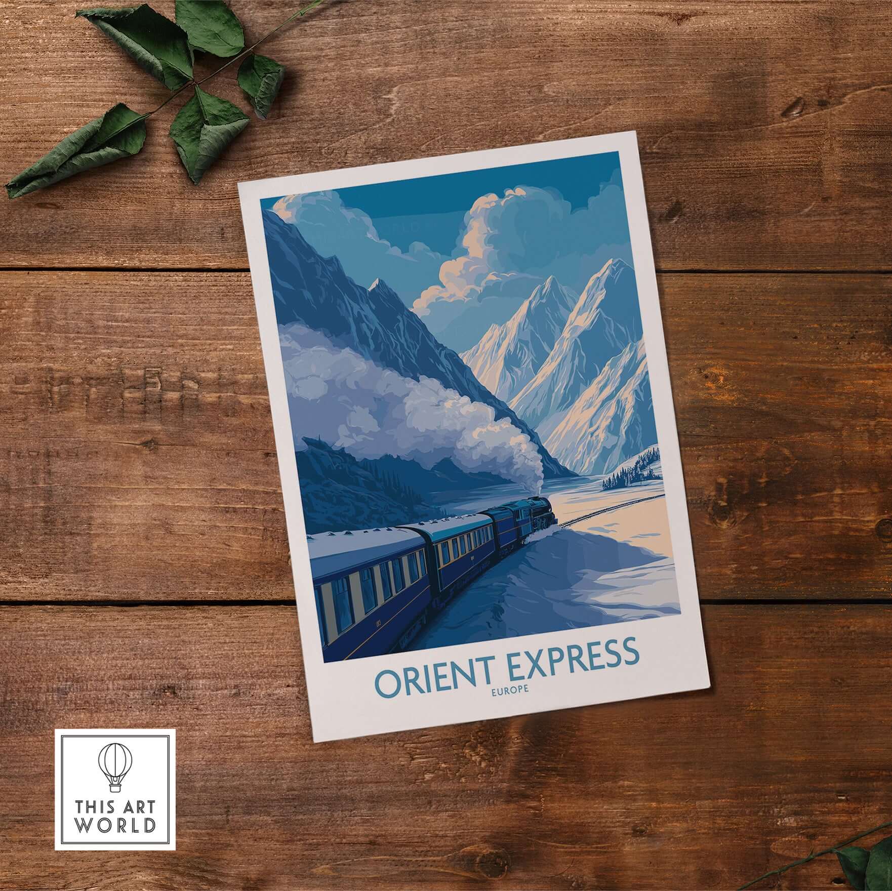 Orient Express Train Print | Snowy Alps Journey Poster featuring a train in a winter landscape with mountains.