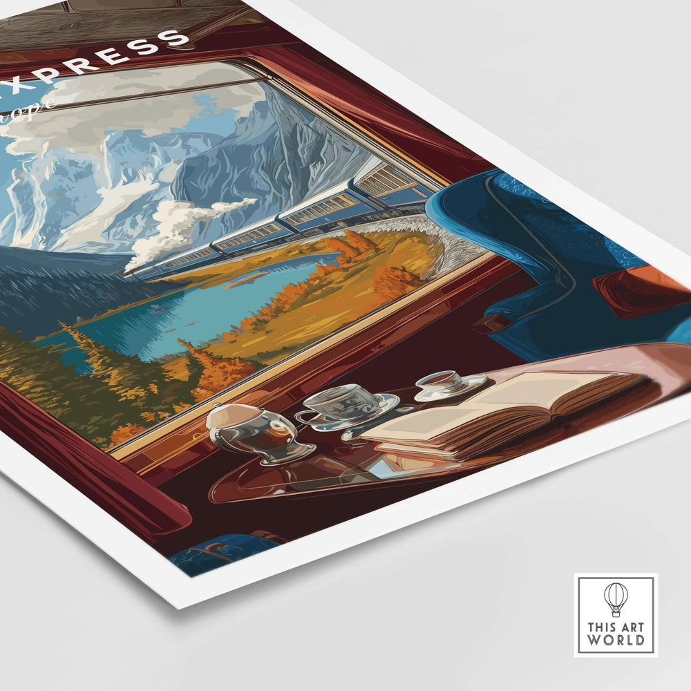 Orient Express Train Print | Vintage Rail Travel Decor featuring scenic views from a train window with elegant interior.