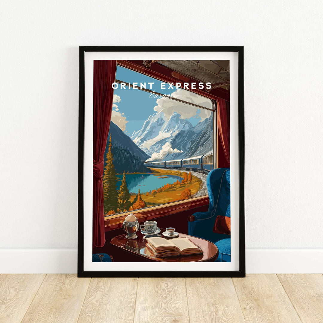 Orient Express Train Print | Vintage Rail Travel Decor featuring a scenic view from a train.