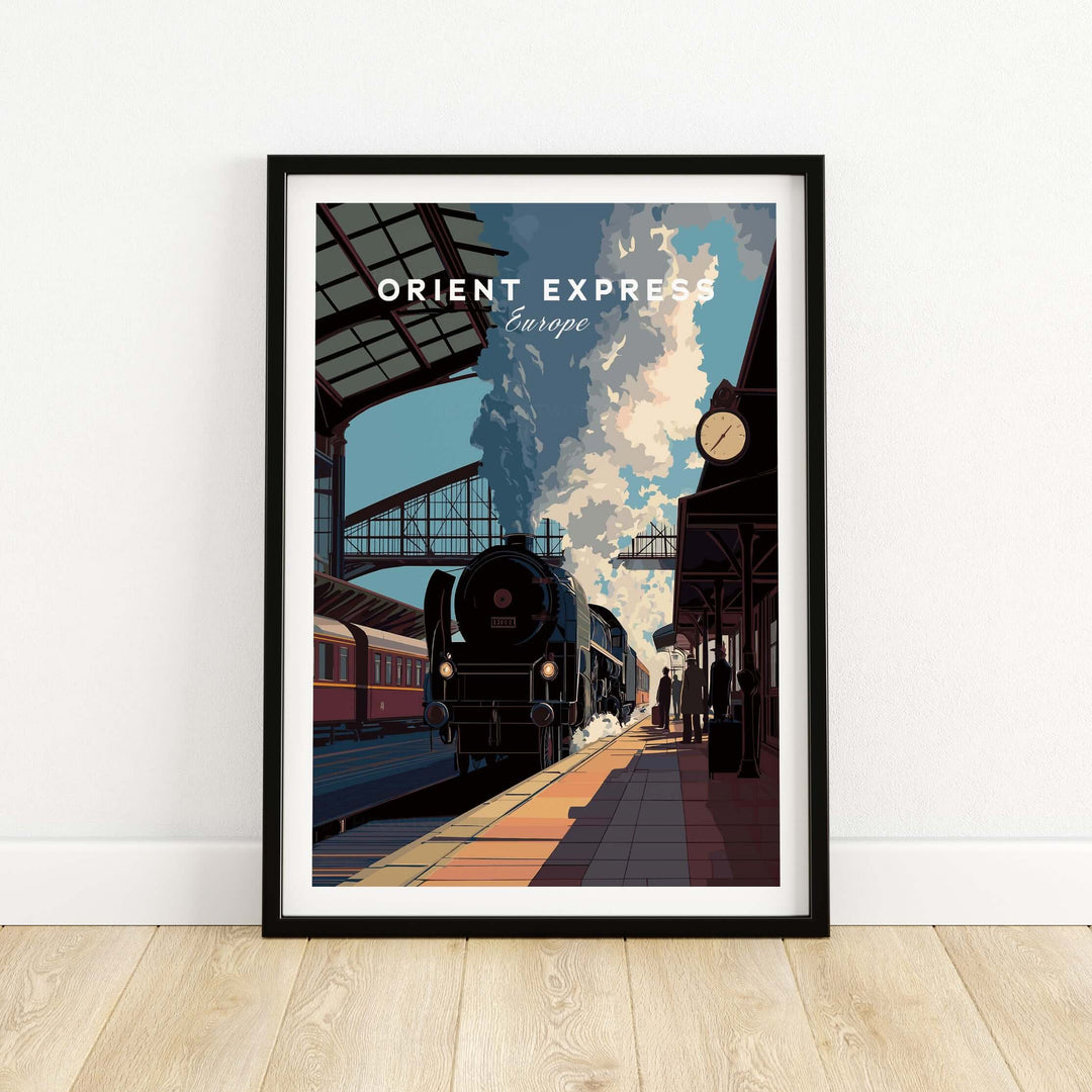 Orient Express Poster Vintage Rail Departure View Print | Luxury Travel Wall Art featuring an elegant train station scene.