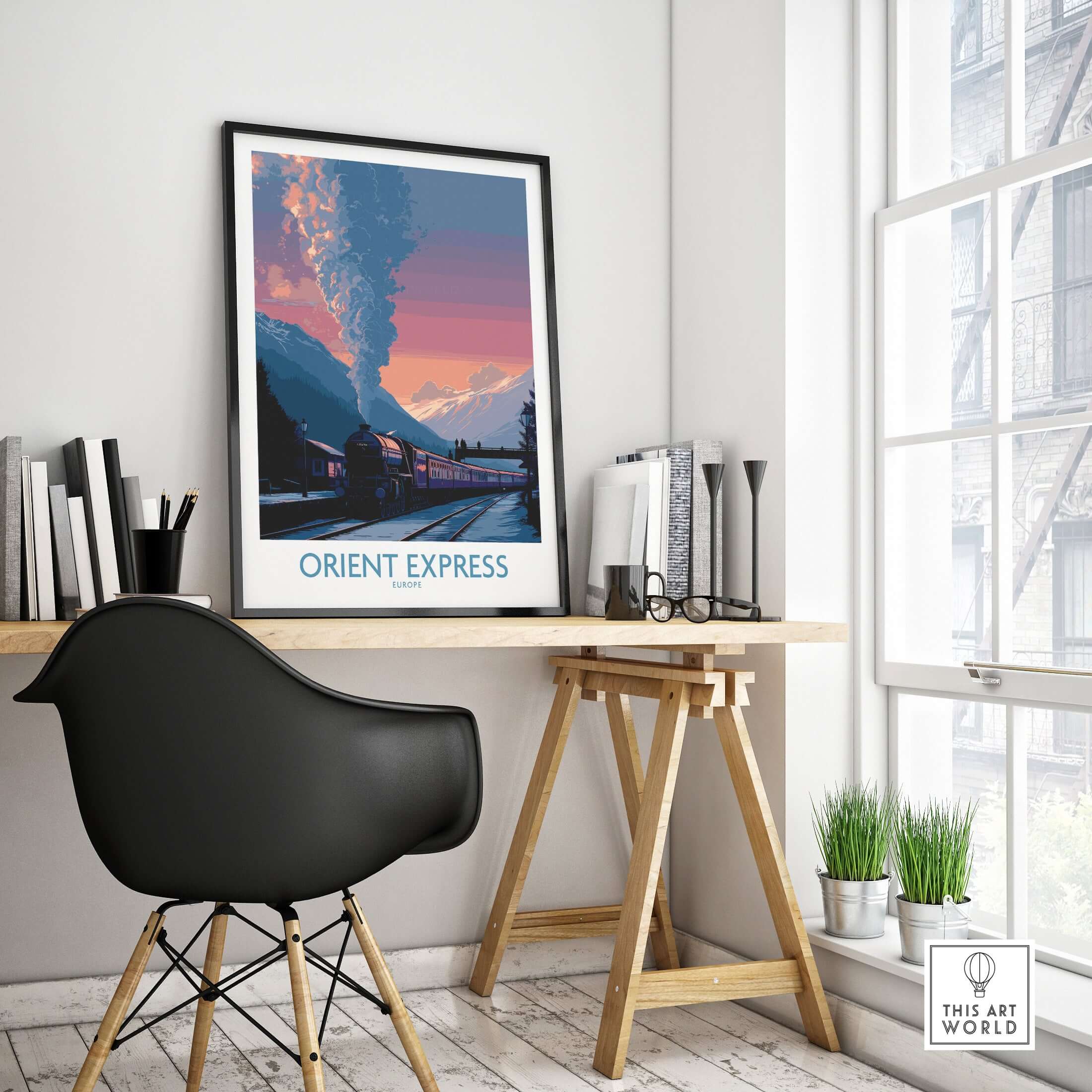 Orient Express Vintage Train Art Print displayed in a stylish office setting with a modern chair and desk.