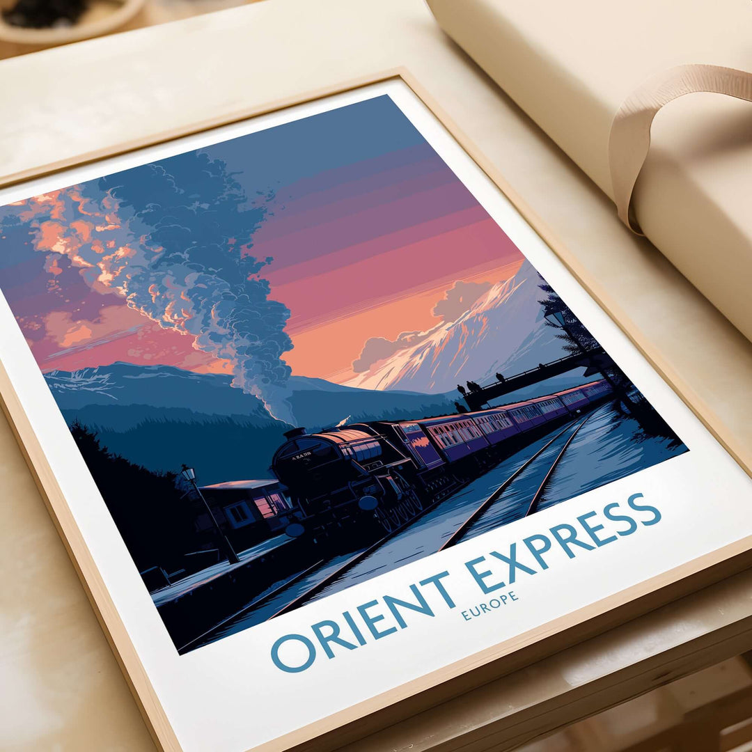 Orient Express Vintage Train Art Print featuring a classic train against a scenic backdrop.
