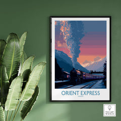 Orient Express Vintage Train Art Print showcasing an elegant train against a scenic backdrop, perfect for home decor.