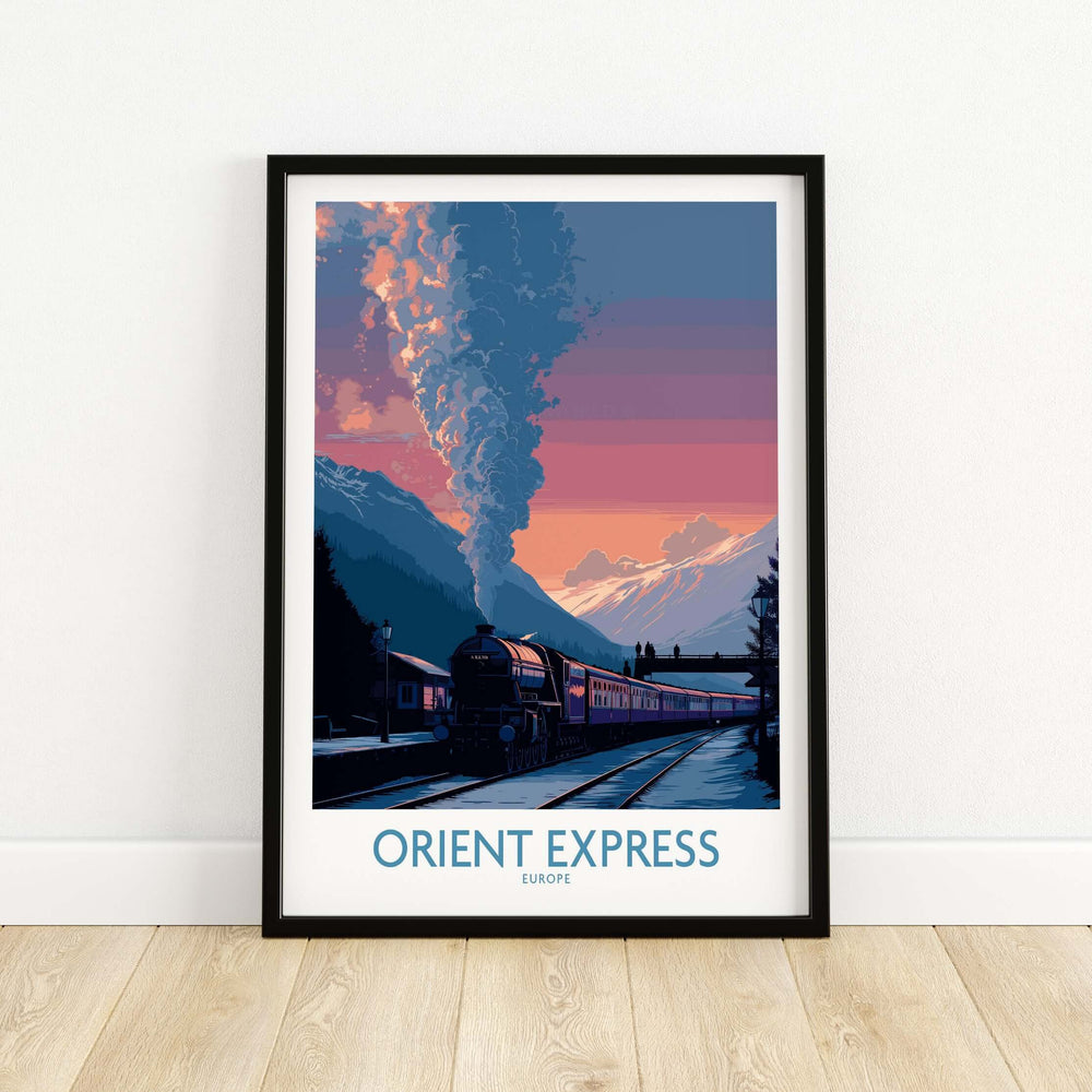Orient Express Vintage Train Art Print featuring a classic train against a scenic mountain sunset background.