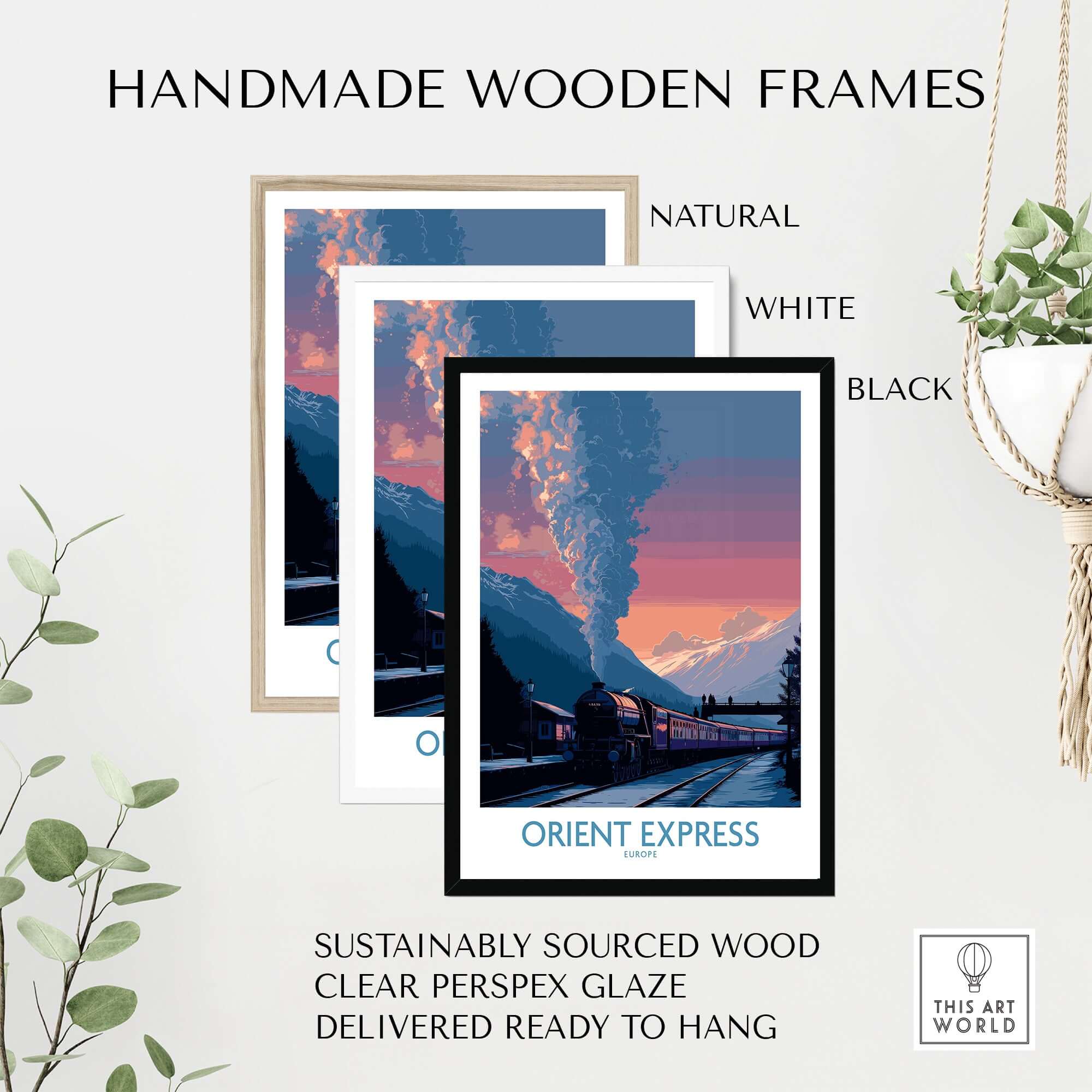 Orient Express Vintage Train Art Print framed in natural, white, and black handmade wooden frames.