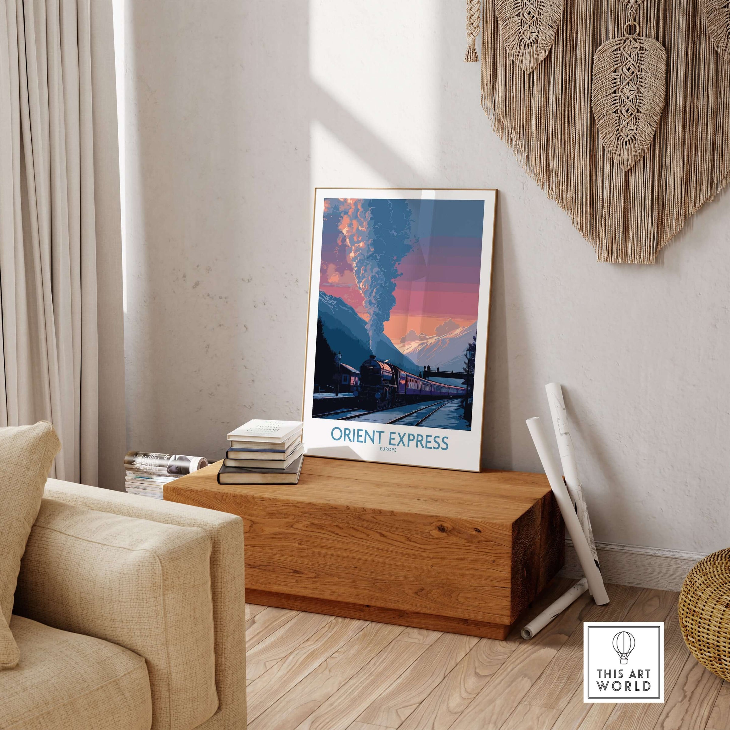 Orient Express Vintage Train Art Print displayed in a stylish living room setting on a wooden table.