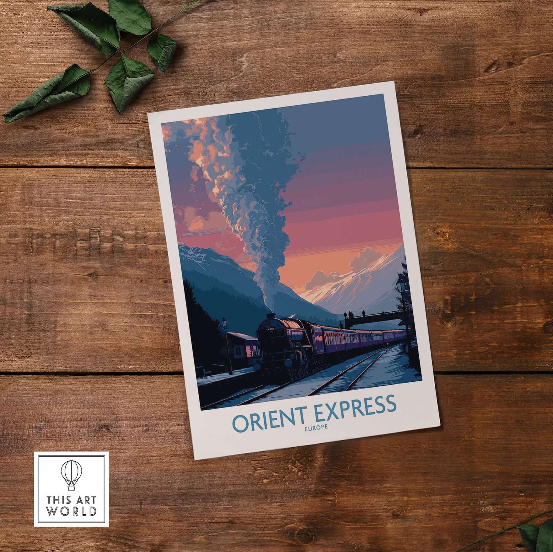 Orient Express Vintage Train Art Print showcasing a vintage train scene with mountains and sunset.