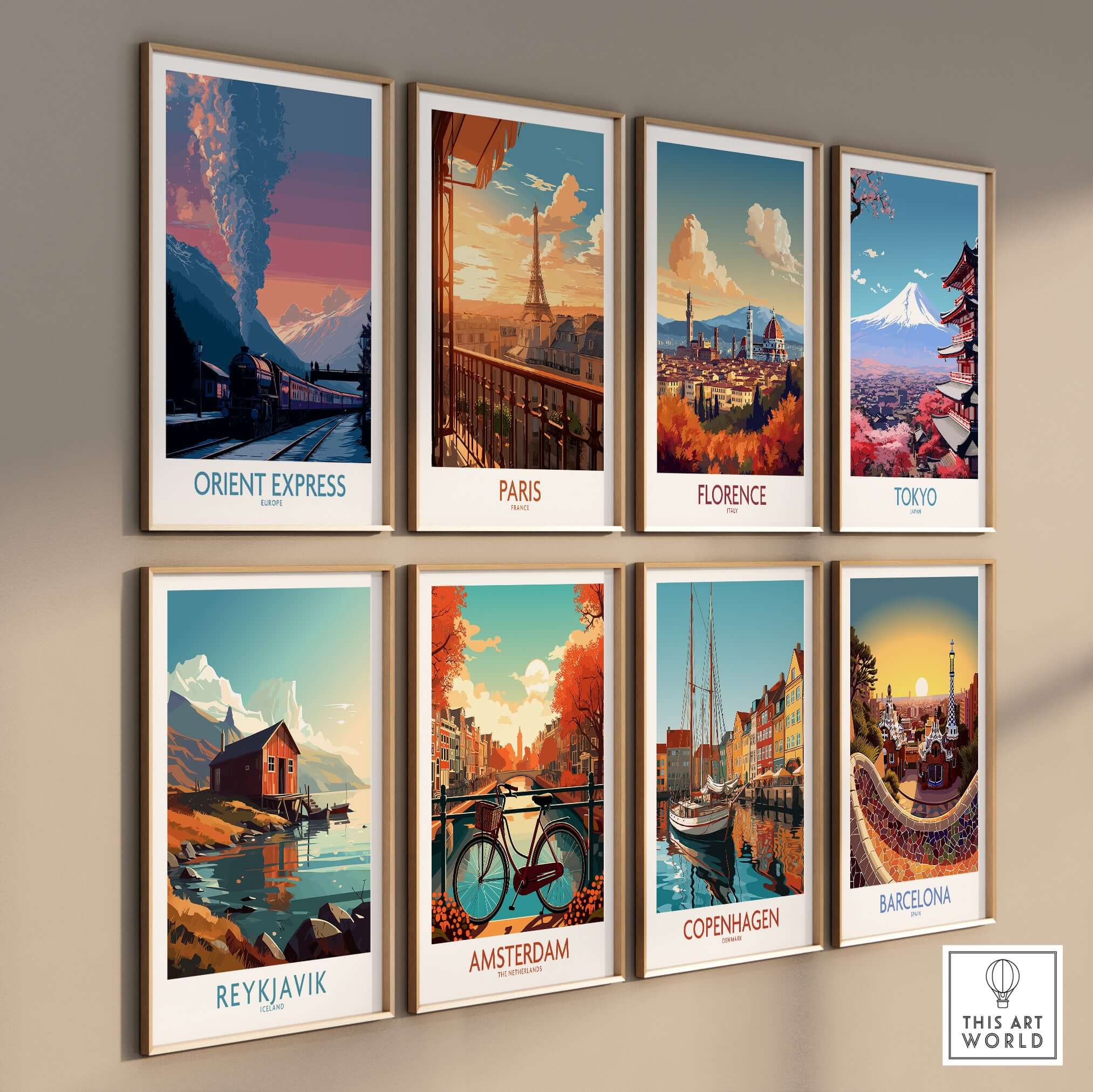 Orient Express Vintage Train Art Print and travel posters from various cities on a gallery wall.