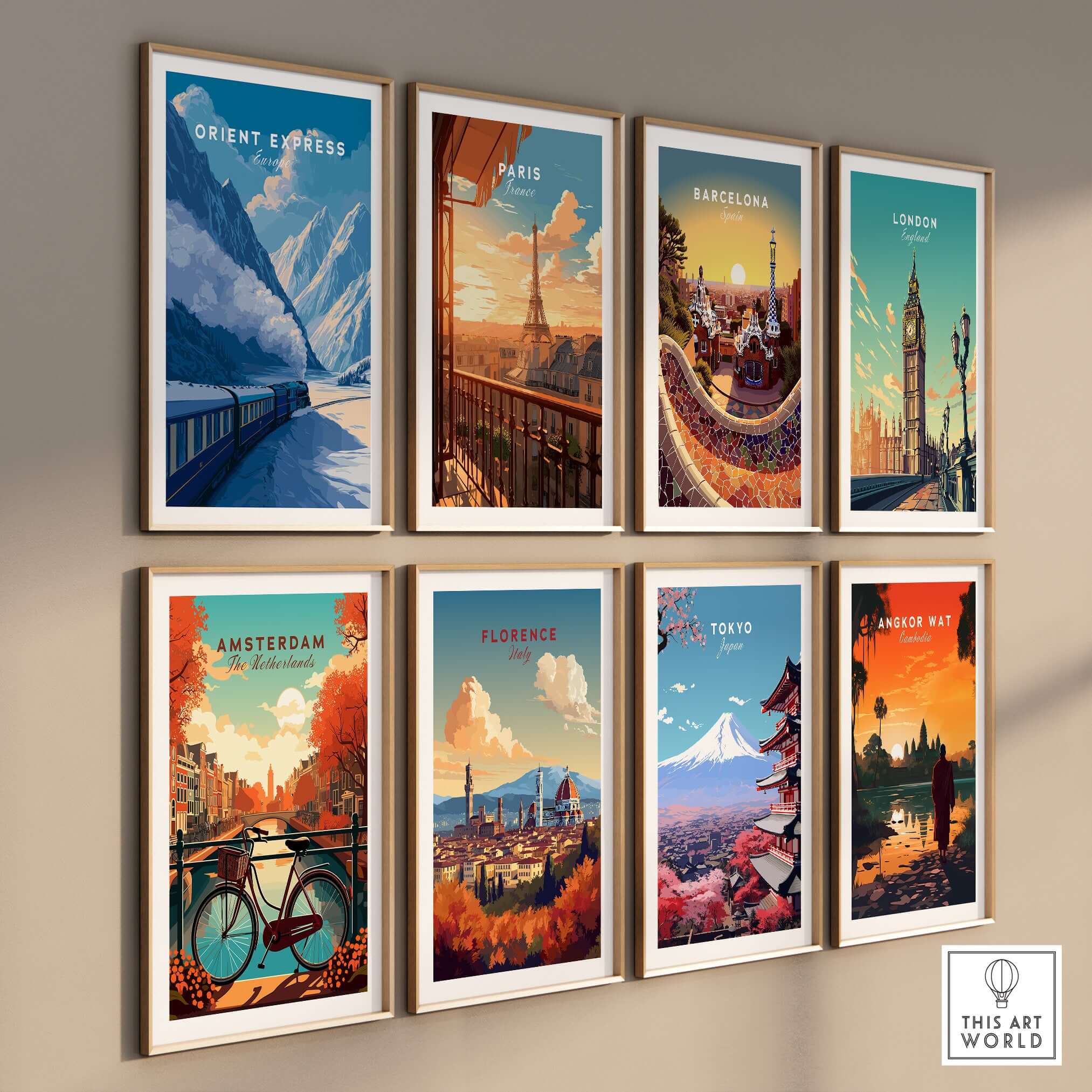 Orient Express Luxury Rail Mountain Scenery Print | Vintage Travel Wall Art collection on a wall showcasing iconic cities.