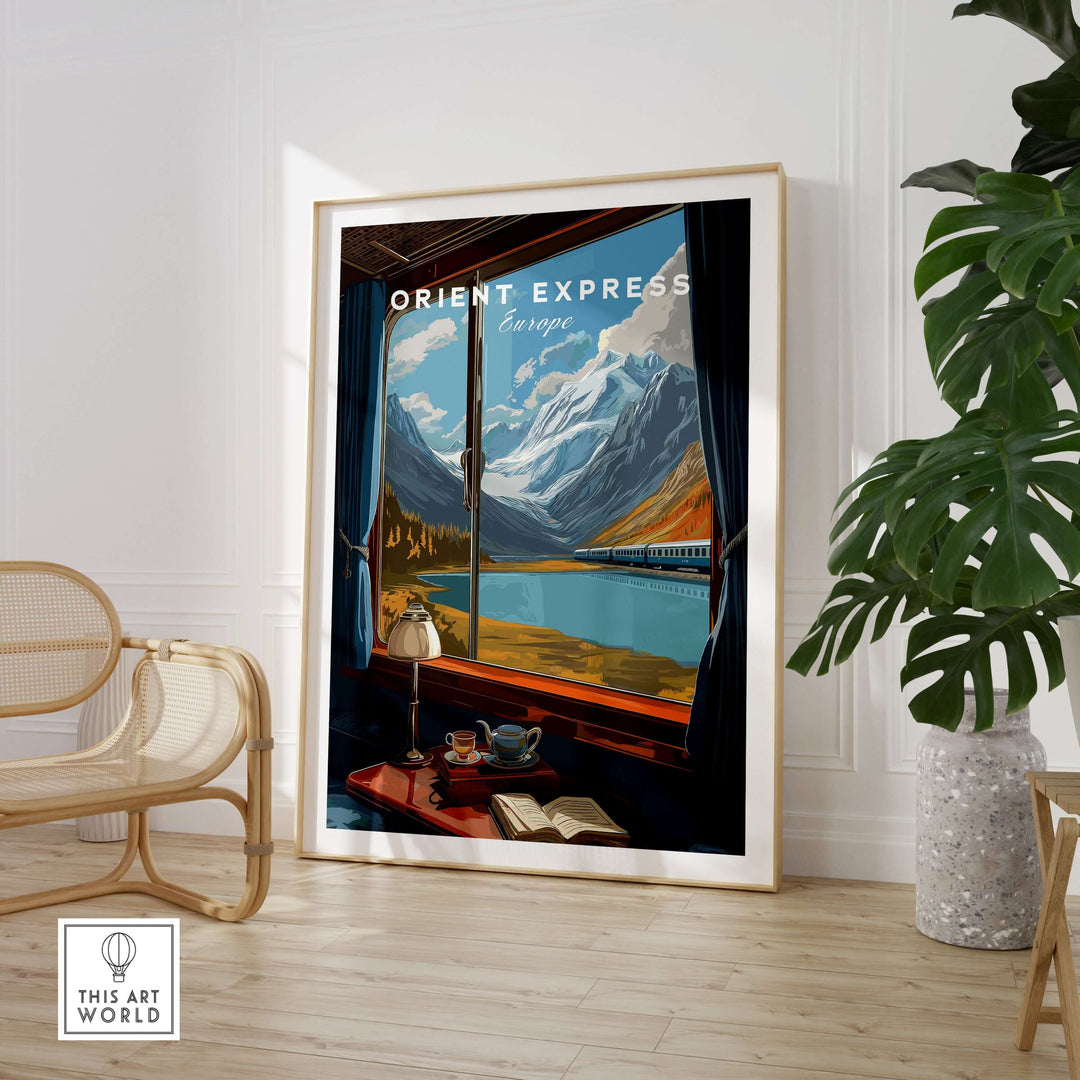 Orient Express Wall Art Print | Alps Travel Home Decor showcasing a scenic mountain view from a train window.