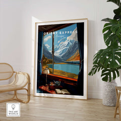 Orient Express Wall Art Print | Alps Travel Home Decor featuring a scenic mountain view from a train window.