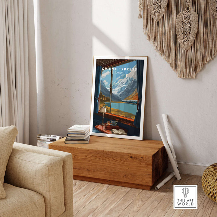 Orient Express Wall Art Print | Alps Travel Home Decor displayed in a cozy living room with mountain views.