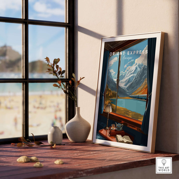 Orient Express Wall Art Print | Alps Travel Home Decor showcased in a cozy indoor setting with mountain views.
