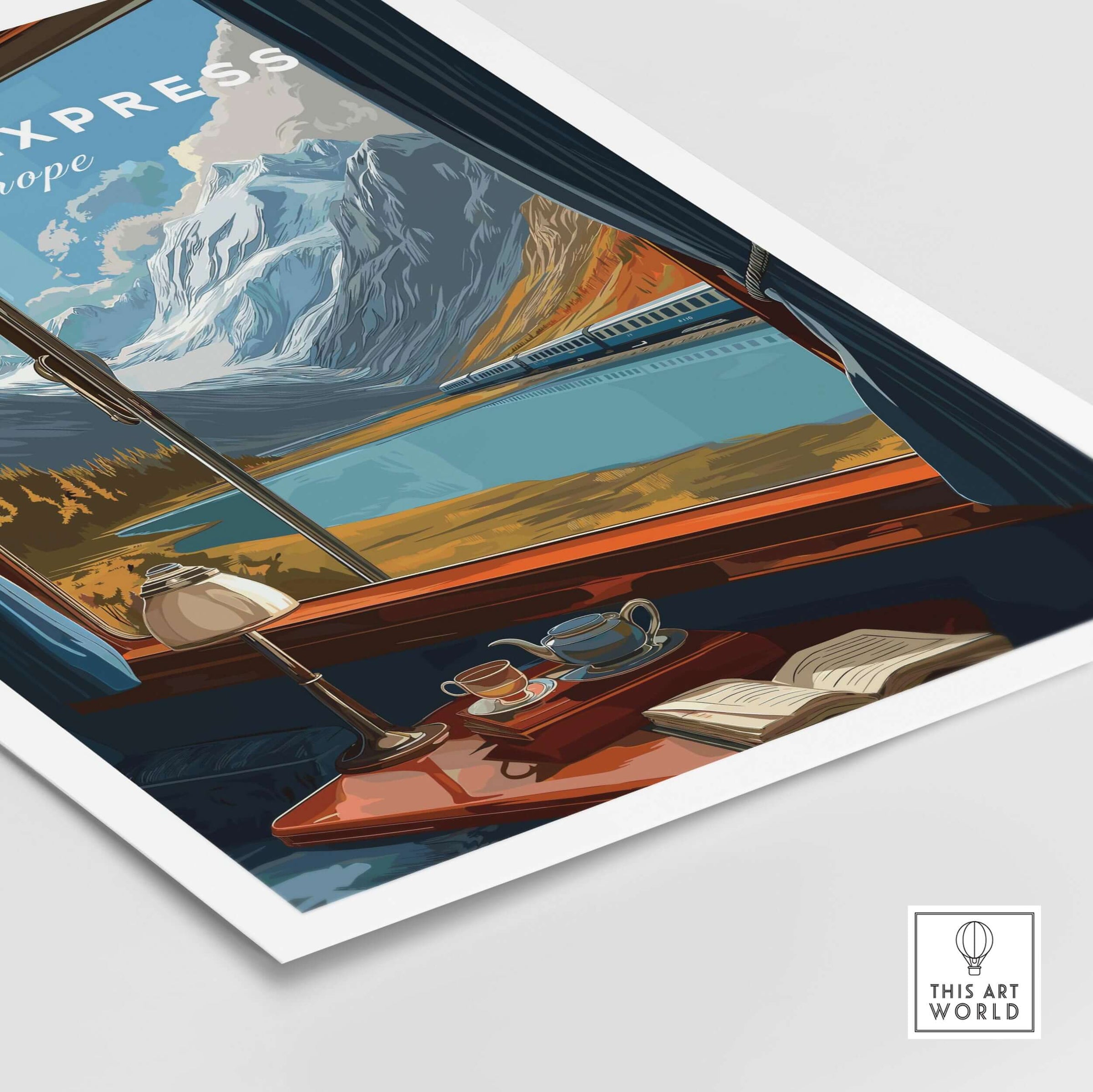 Orient Express Wall Art Print | Alps Travel Home Decor featuring a scenic mountain view from a train window with a cozy interior.
