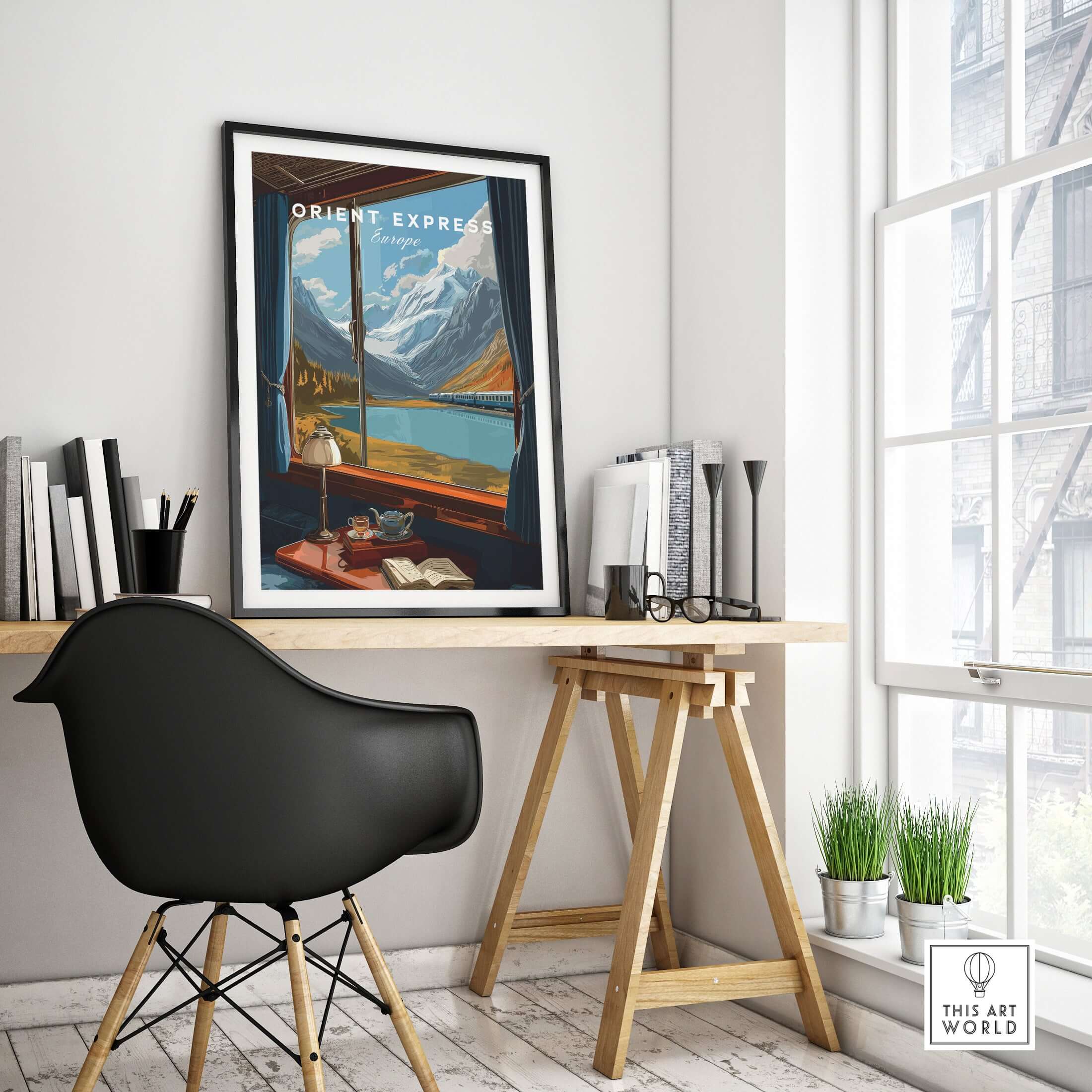 Orient Express Wall Art Print | Alps Travel Home Decor displayed in a modern office setting with scenic mountain views.