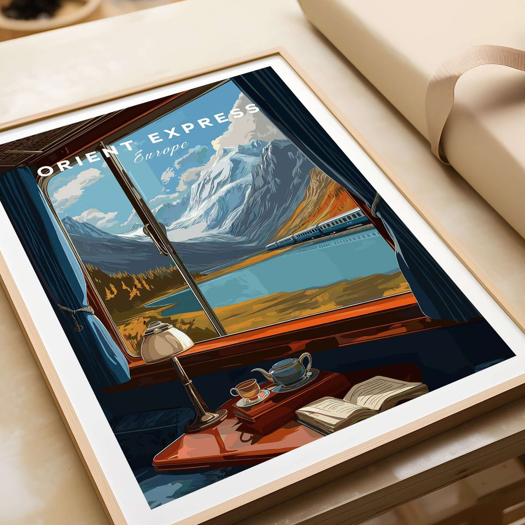 Orient Express Wall Art Print | Alps Travel Home Decor featuring a scenic view through a train window.