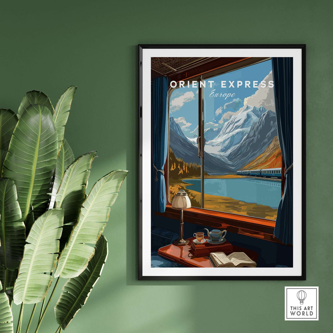 Orient Express Wall Art Print | Alps Travel Home Decor showcasing a picturesque mountain view from a train window.