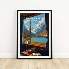 Orient Express Wall Art Print | Alps Travel Home Decor showcasing a scenic train view through a mountain window.