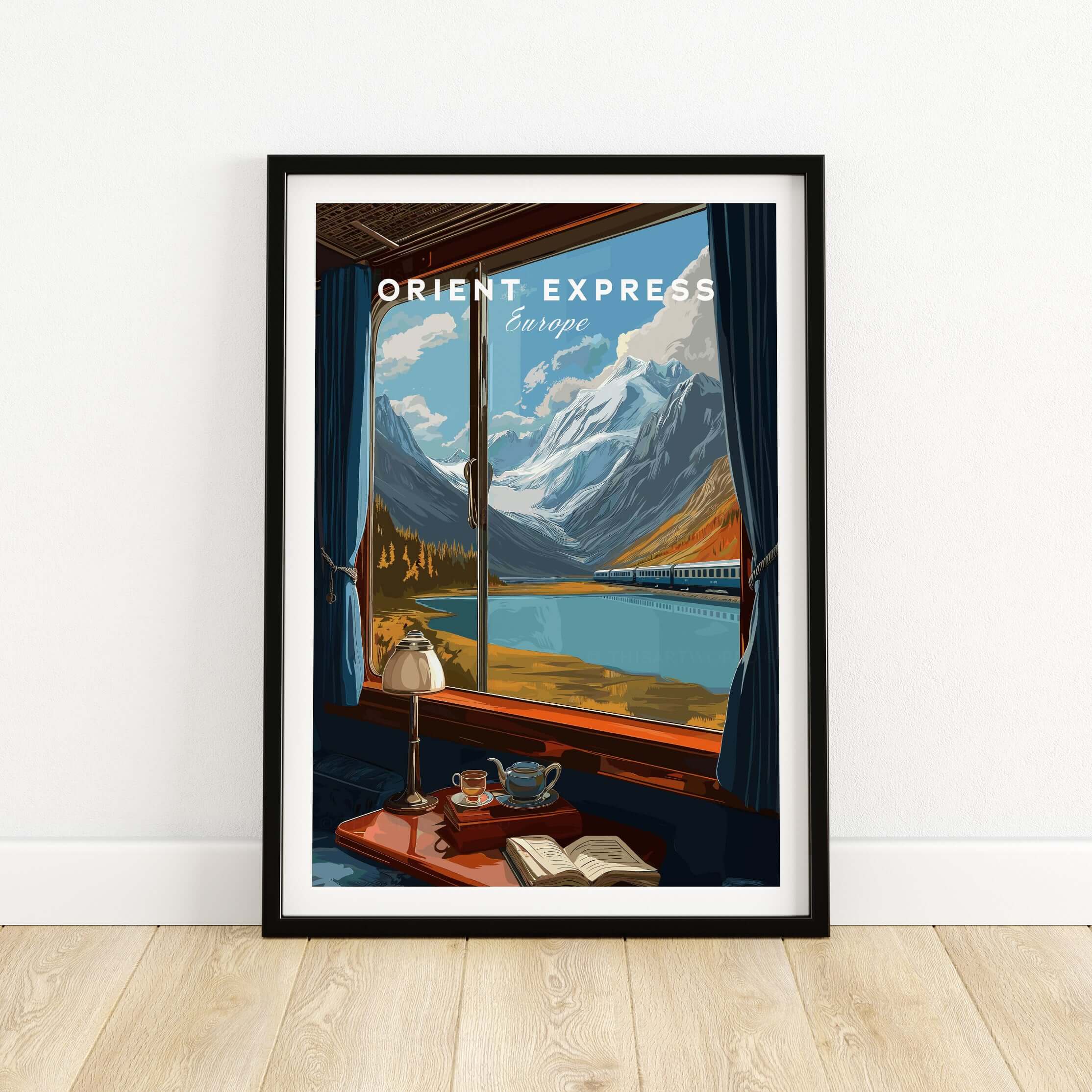 Orient Express Wall Art Print | Alps Travel Home Decor showcasing a scenic train view through a mountain window.