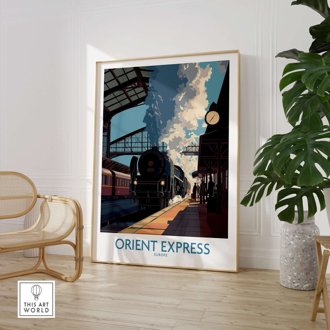 Orient Express Wall Art Print | Steam Engine Platform Poster in modern interior setting with stylish decor.