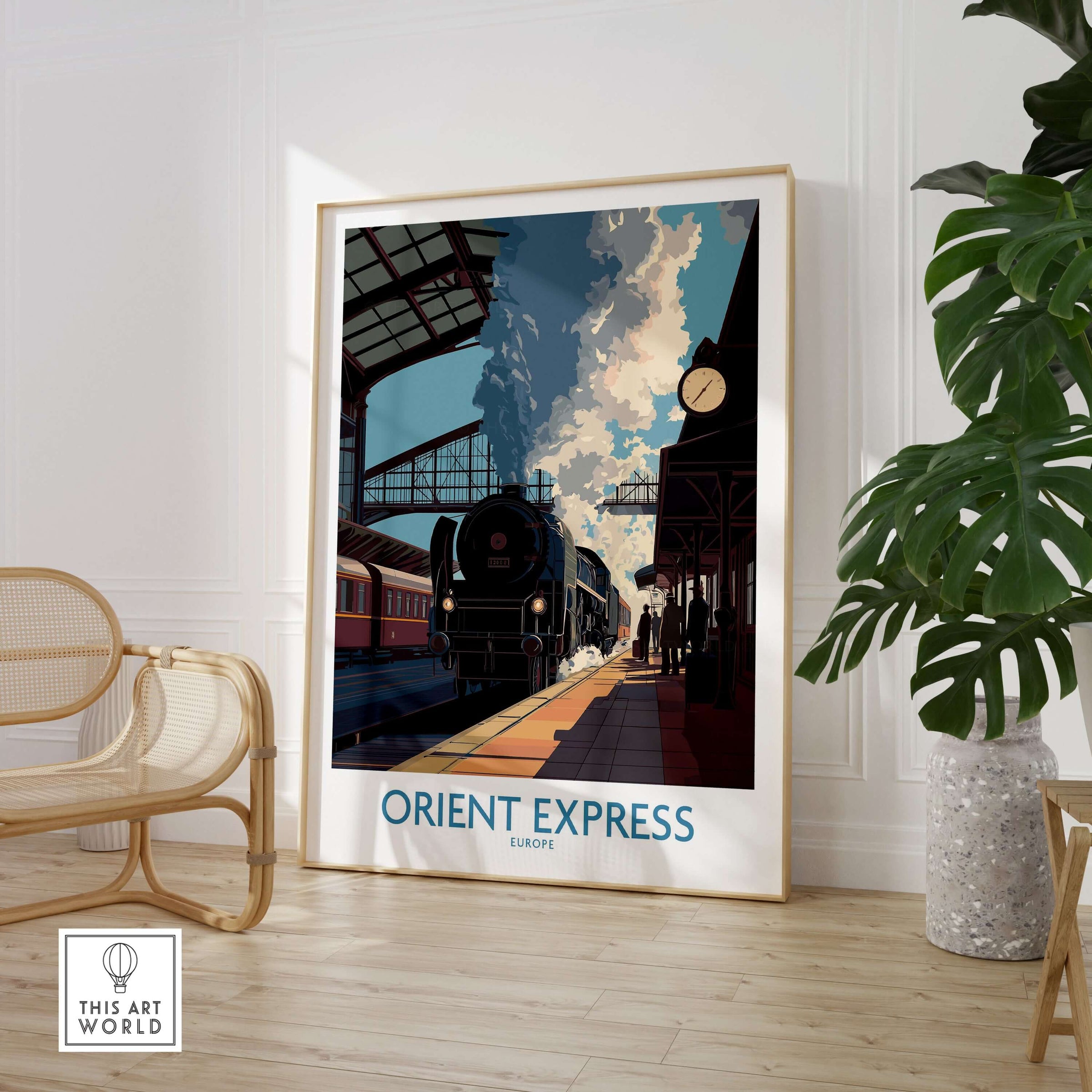 Orient Express Wall Art Print | Steam Engine Platform Poster showcasing a steam engine at the platform in an elegant room setting.