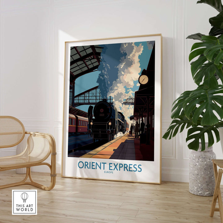 Orient Express Wall Art Print | Steam Engine Platform Poster in modern interior setting with stylish decor.