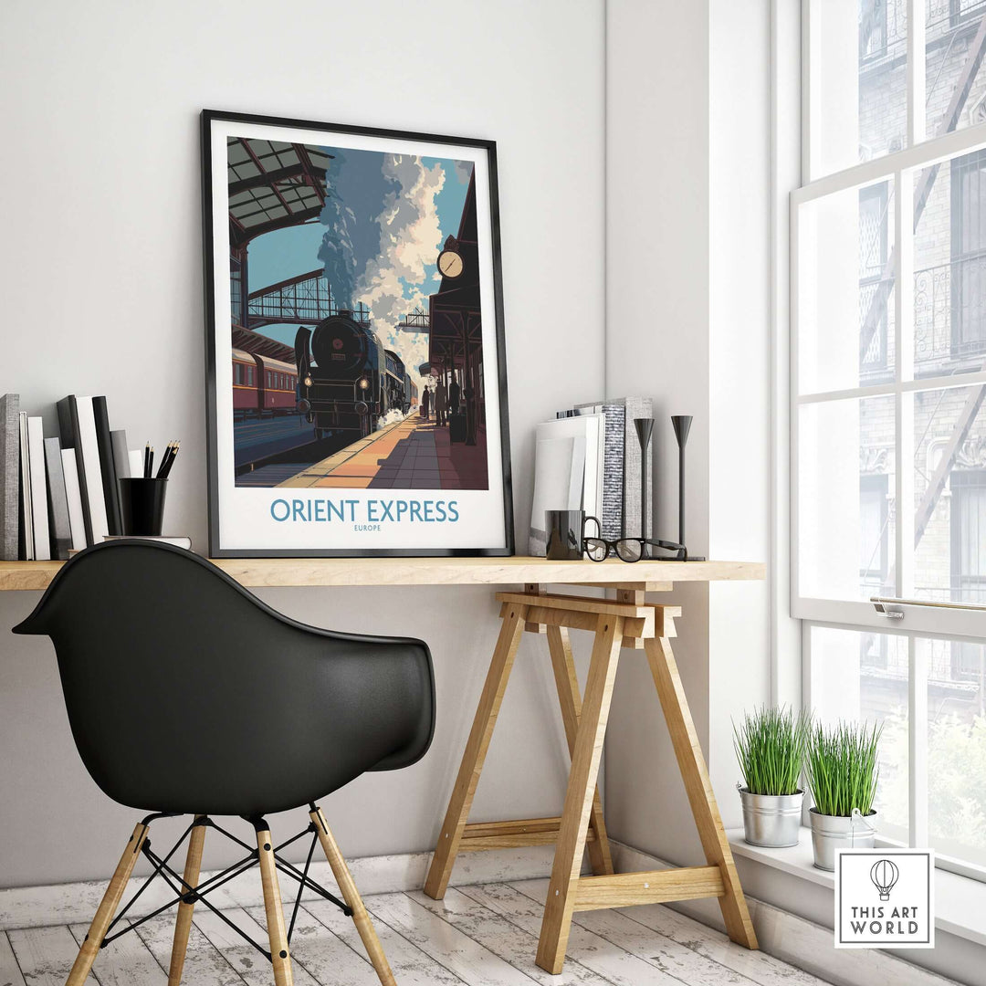 Orient Express Wall Art Print | Steam Engine Platform Poster displayed in a modern interior setting with a desk.