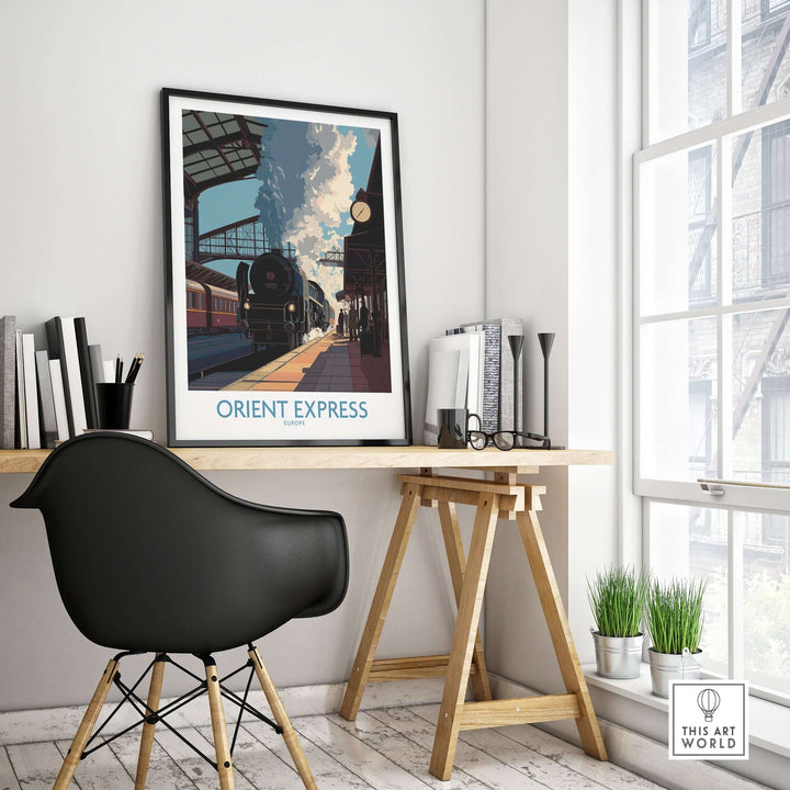Orient Express Wall Art Print | Steam Engine Platform Poster displayed in a modern interior setting with a desk.