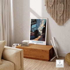 Orient Express Wall Art Print | Steam Engine Platform Poster displayed in a cozy interior setting with wooden decor.
