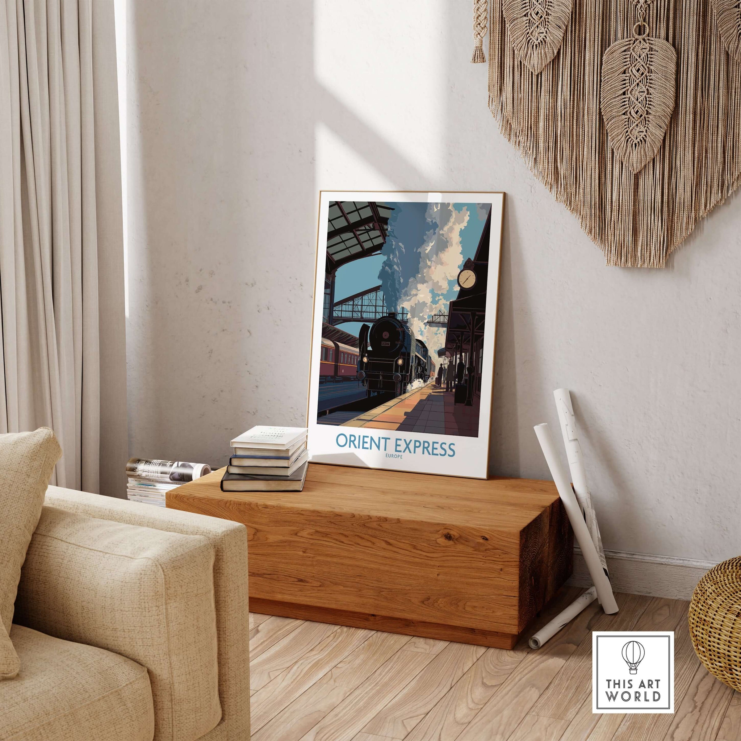 Orient Express Wall Art Print | Steam Engine Platform Poster displayed in a cozy interior setting with wooden decor.
