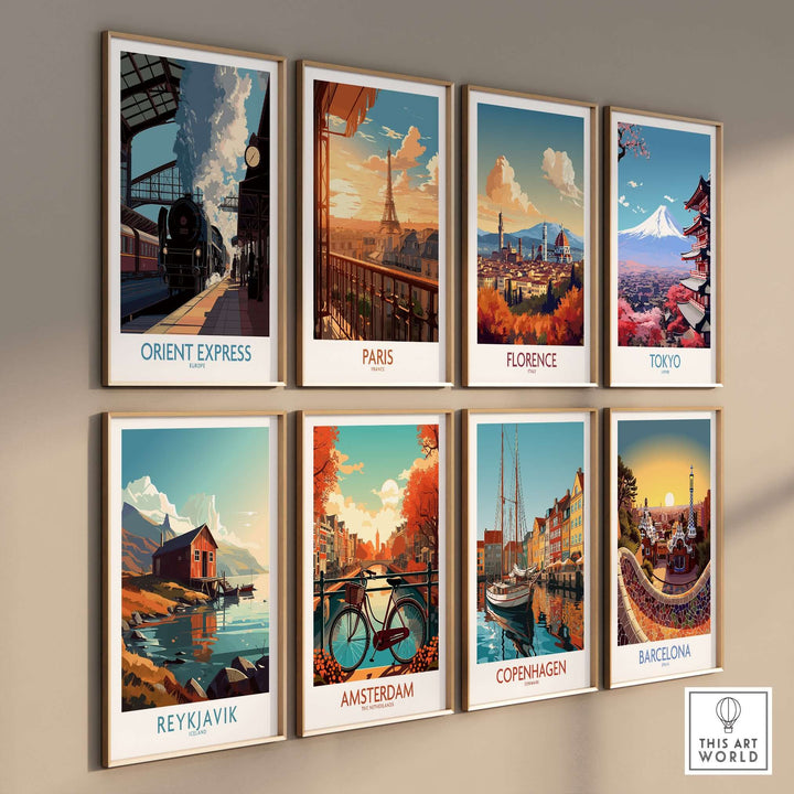 Orient Express Wall Art Print | Steam Engine Platform Poster displayed with other travel-themed art prints on a wall.