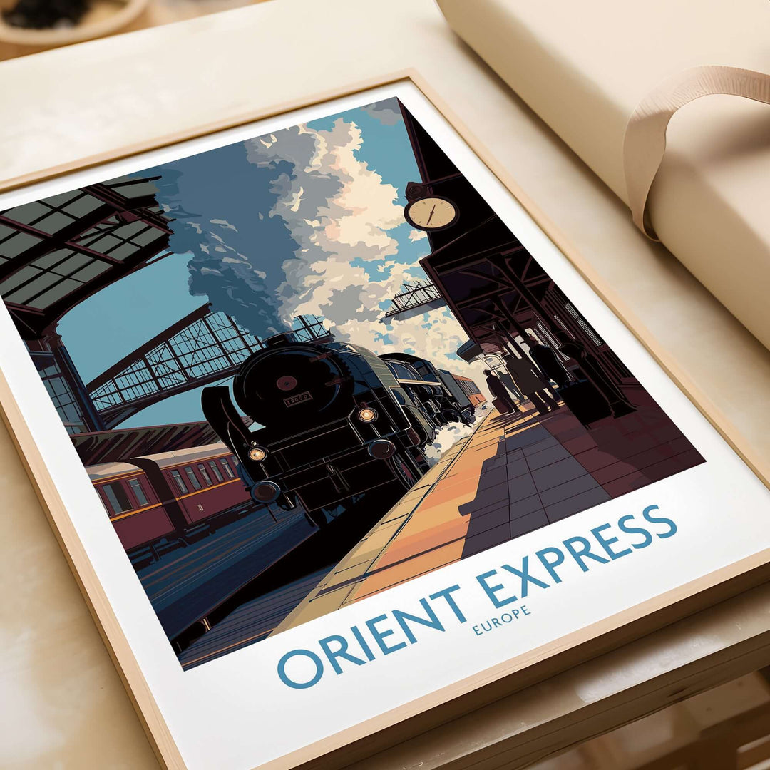 Orient Express Wall Art Print | Steam Engine Platform Poster featuring a steam locomotive at a vintage train station.