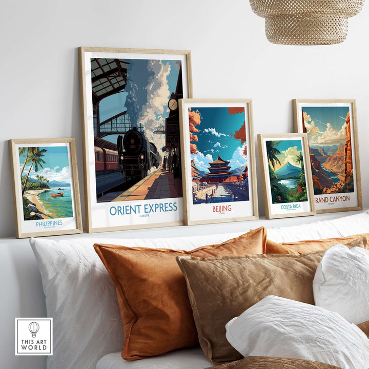 Orient Express Wall Art Print | Steam Engine Platform Poster displayed among other travel posters in a cozy home setting.
