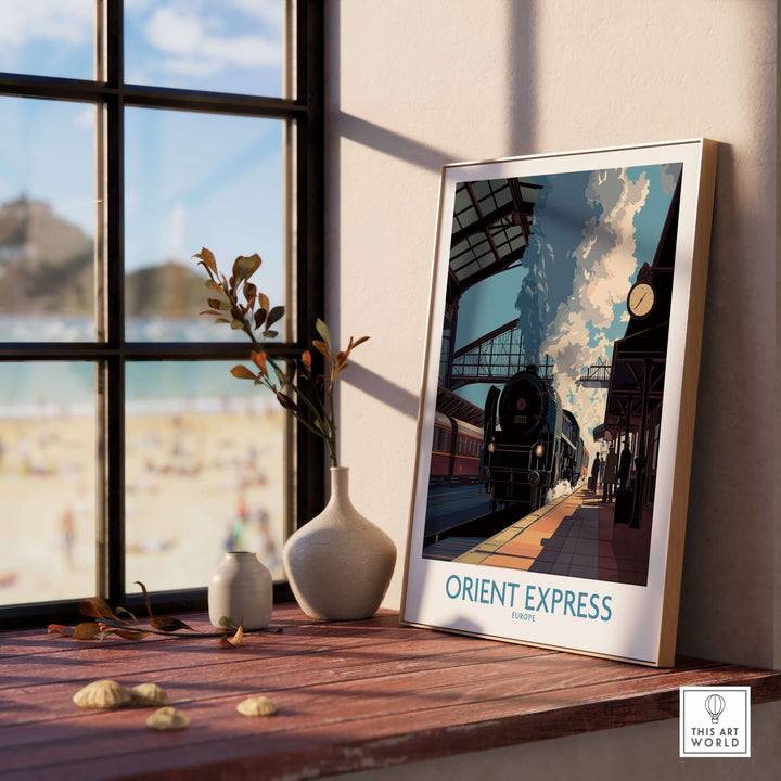 Orient Express Wall Art Print | Steam Engine Platform Poster displayed in a stylish room with beach view.