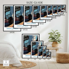 Orient Express Wall Art Print | Steam Engine Platform Poster size guide showcasing various frame sizes.