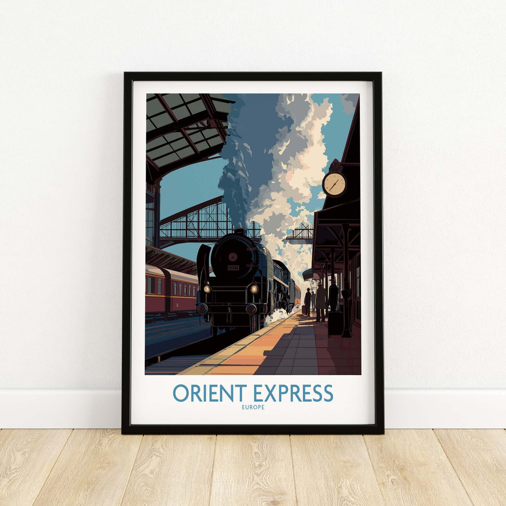 Orient Express Wall Art Print | Steam Engine Platform Poster showcasing a vintage steam locomotive at a train station.
